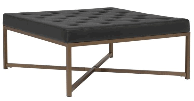 Camber Black Leather and Bronze Steel Tufted Square Ottoman